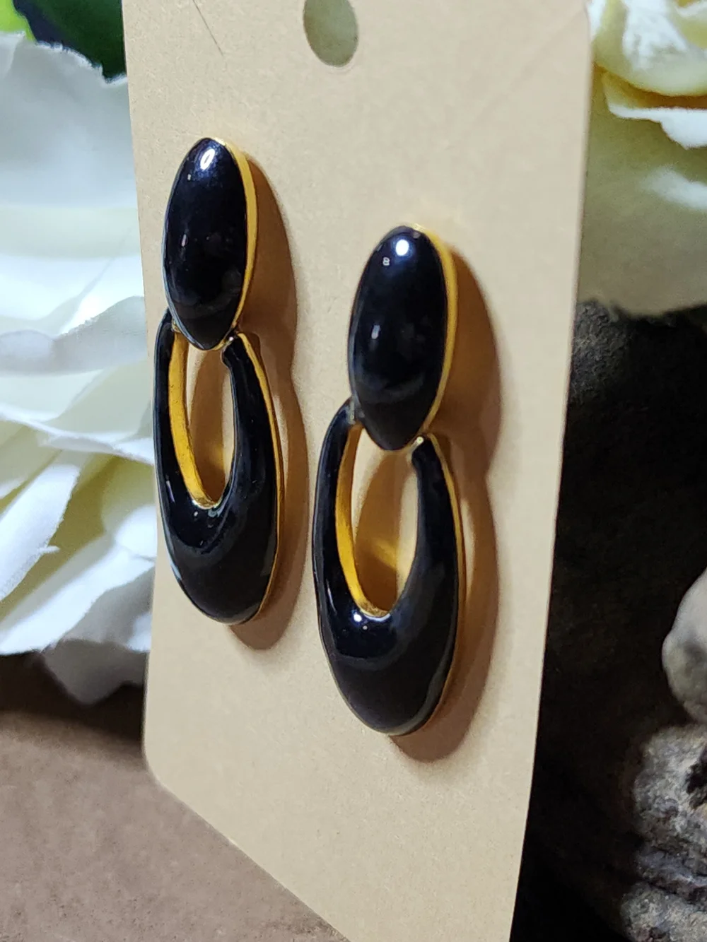 Signed Monet Black and Gold Oval Drop Pierced Earrings